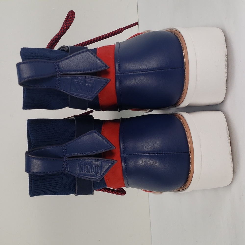 FITFLOP GLACE KNIT LEATHER MIDNIGHT NAVY RED LACE UP ANKLE BOOTS WOMEN'S 10 - Picture 4 of 15